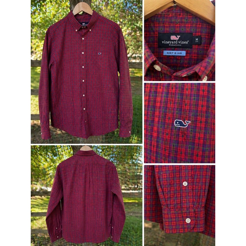 VINEYARD VINES‎ Shep & Ian Plaid Button Down Shirt Mens M Red Whale Logo Preppy